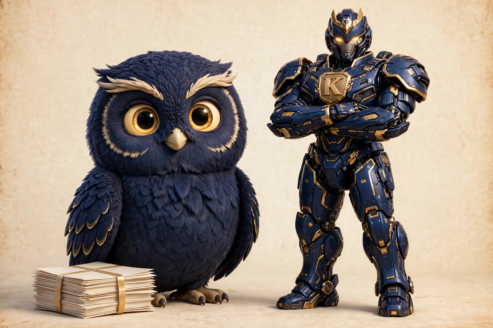 The Kure owl and the titan guardian standing side by side